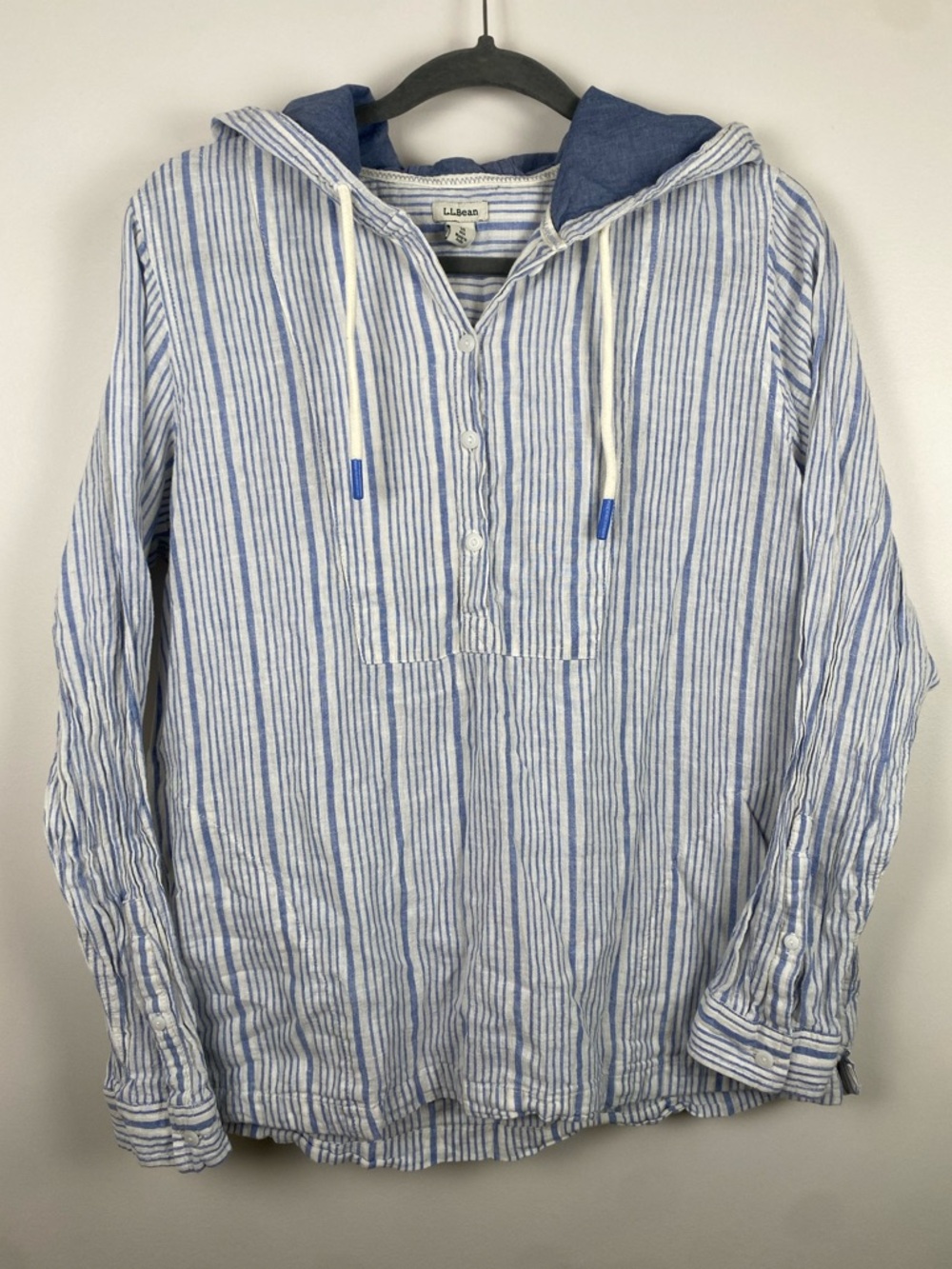 L.L.Bean Women's Linen Cotton Blue & White Striped Hooded Pullover Shirt Medium